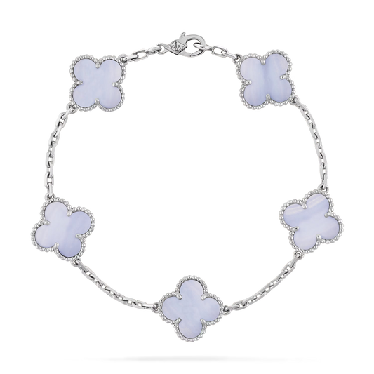 Van Cleef & Arpels Vintage Alhambra Bracelet - 18k White Gold - Chalcedony - 5 Motifs - VCARD34700