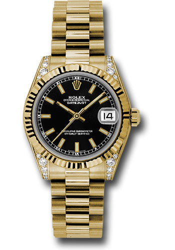 Rolex Yellow Gold Datejust - 31 MM - President Bracelet - Fluted Bezel - Black Index Dial - 178238 bkip