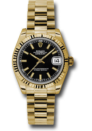 Rolex Yellow Gold Datejust - 31 MM - President Bracelet - Fluted Bezel - Black Index Dial - 178278 bkip