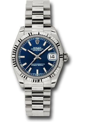 Rolex White Gold Datejust - 31 MM - President Bracelet - Fluted Bezel - Blue Index Dial - 178279 blip