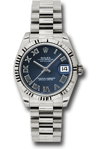 Rolex White Gold Datejust - 31 MM - President Bracelet - Fluted Bezel - Blue Roman Dial - 178279 blrp