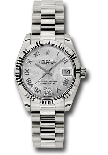 Rolex White Gold Datejust - 31 MM - President Bracelet - Fluted Bezel - Mother-Of-Pearl Diamond Roman Vi Roman Dial - 178279 mdrp