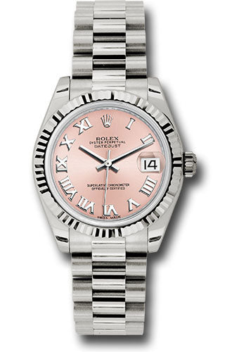 Rolex White Gold Datejust - 31 MM - President Bracelet - Fluted Bezel - Pink Roman Dial - 178279 prp