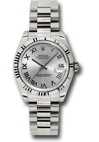 Rolex White Gold Datejust - 31 MM - President Bracelet - Fluted Bezel - Rhodium Roman Dial - 178279 rrp