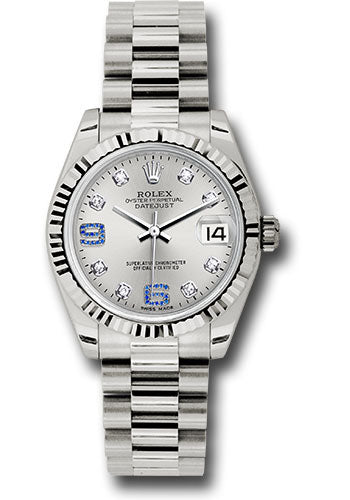 Rolex White Gold Datejust - 31 MM - President Bracelet - Fluted Bezel - Silver Diamond Sapphire 6 And 9 Diamond Dial - 178279 sdsap