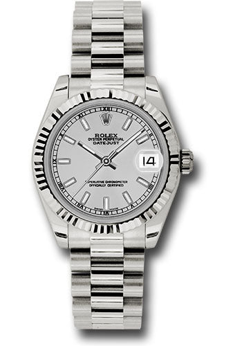 Rolex White Gold Datejust - 31 MM - President Bracelet - Fluted Bezel - Silver Index Dial - 178279 sip