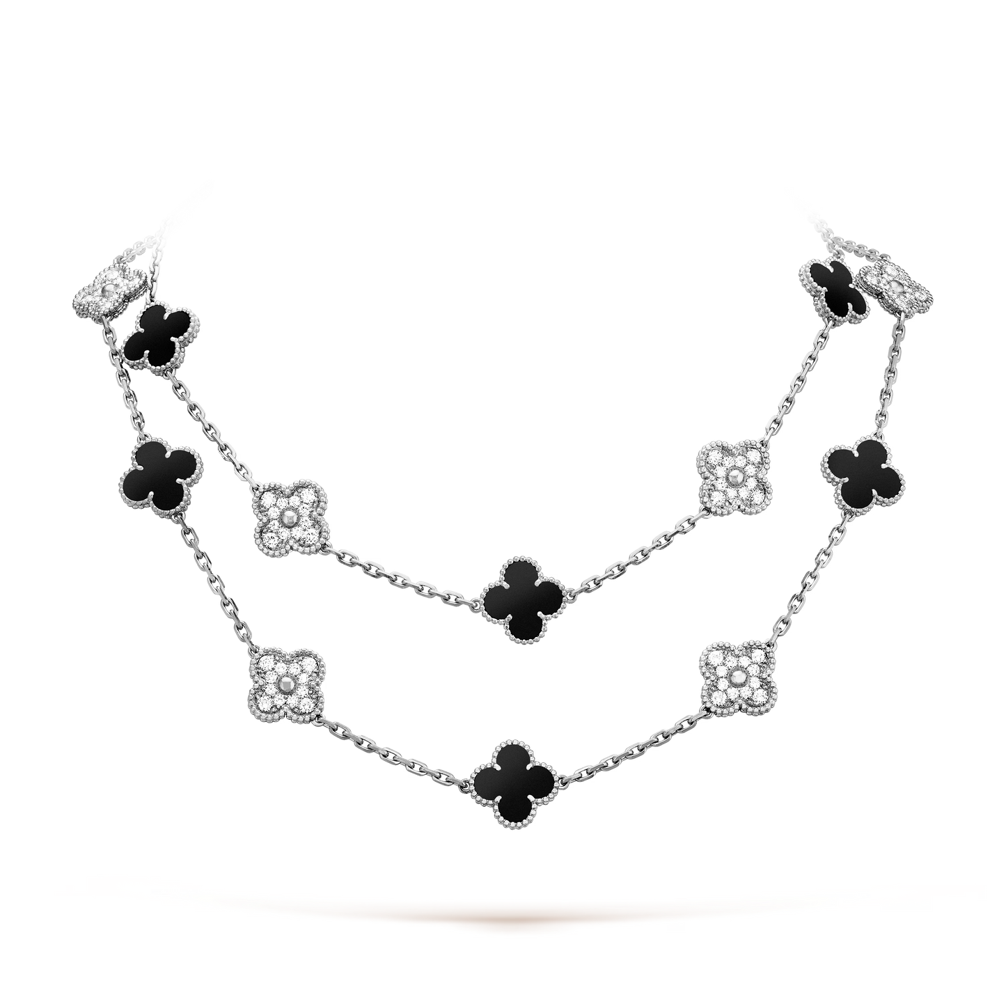 Van Cleef & Arpels Vintage Alhambra Long Necklace - 18k White Gold - Diamond & Onyx - 20 Motifs - Tw. 4ct - VCARP2R800