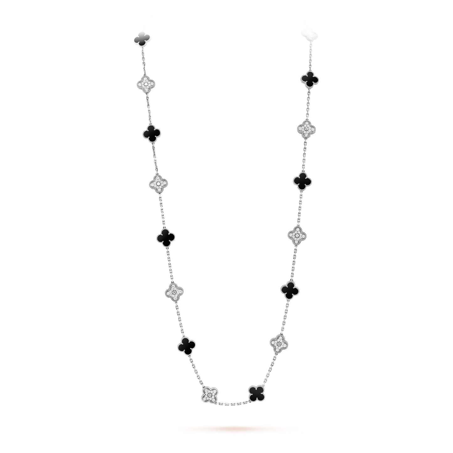 Van Cleef & Arpels Vintage Alhambra Long Necklace - 18k White Gold - Diamond & Onyx - 20 Motifs - Tw. 4ct - VCARP2R800