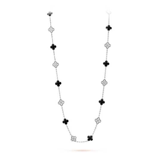 Van Cleef & Arpels Vintage Alhambra Long Necklace - 18k White Gold - Diamond & Onyx - 20 Motifs - Tw. 4ct - VCARP2R800