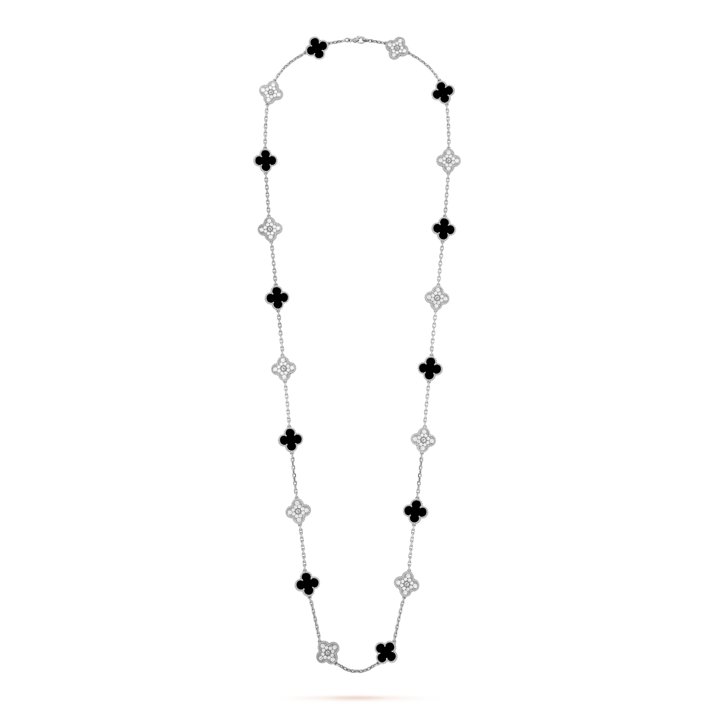 Van Cleef & Arpels Vintage Alhambra Long Necklace - 18k White Gold - Diamond & Onyx - 20 Motifs - Tw. 4ct - VCARP2R800