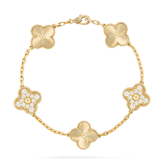 Van Cleef & Arpels Vintage Alhambra Bracelet - 18k Yellow Gold - Diamond - 5 Motifs - Tw. 1 ct - VCARP4KN00