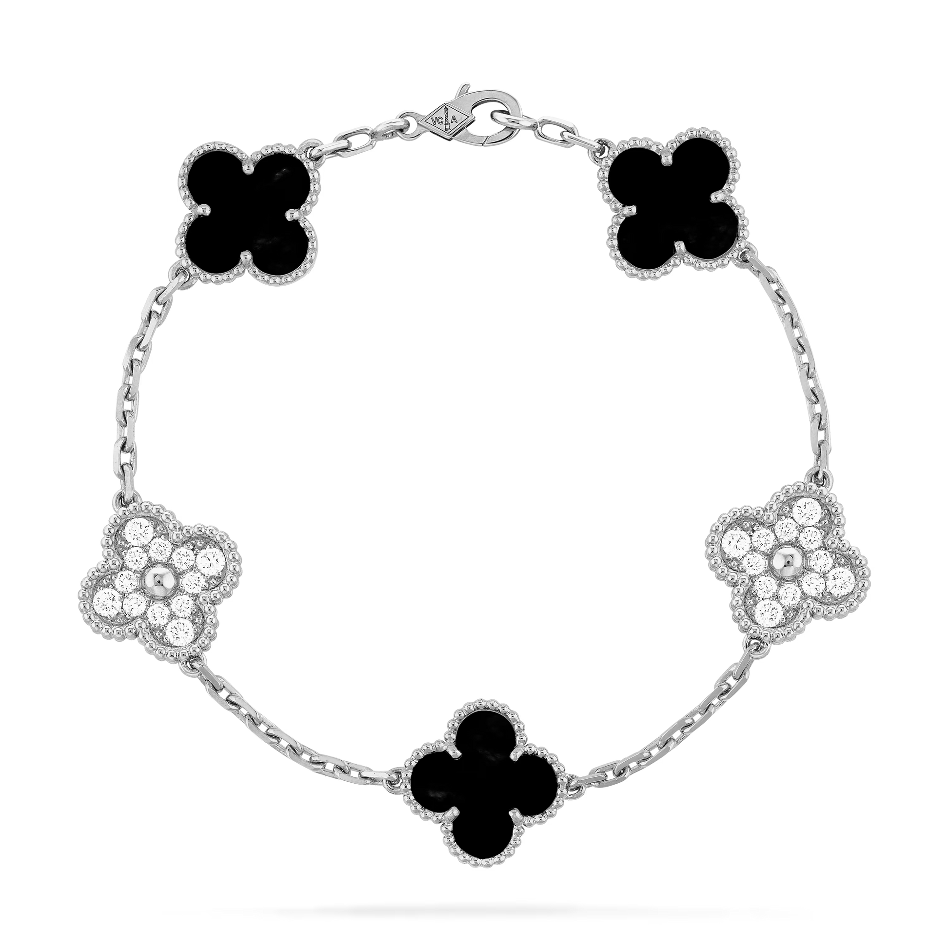 Van Cleef & Arpels Vintage Alhambra Bracelet - 18k White Gold - Diamond & Onyx - 5 Motifs - Tw. 1 ct - VCARP2R900