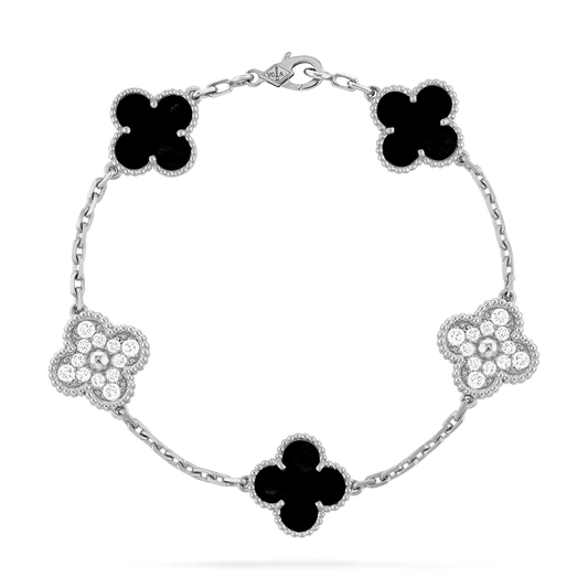 Van Cleef & Arpels Vintage Alhambra Bracelet - 18k White Gold - Diamond & Onyx - 5 Motifs - Tw. 1 ct - VCARP2R900