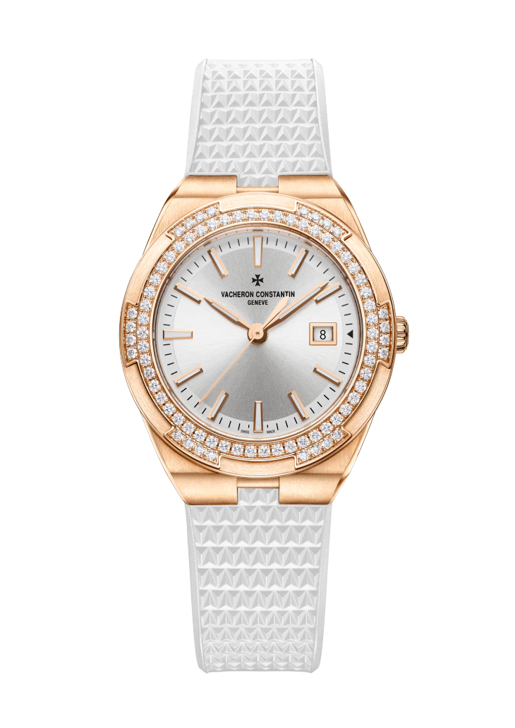 Vacheron Constantin Overseas Quartz Pink Gold 33 MM - White Rubber Strap - Diamond Bezel - Silver Dial - 1205V/000R-B592