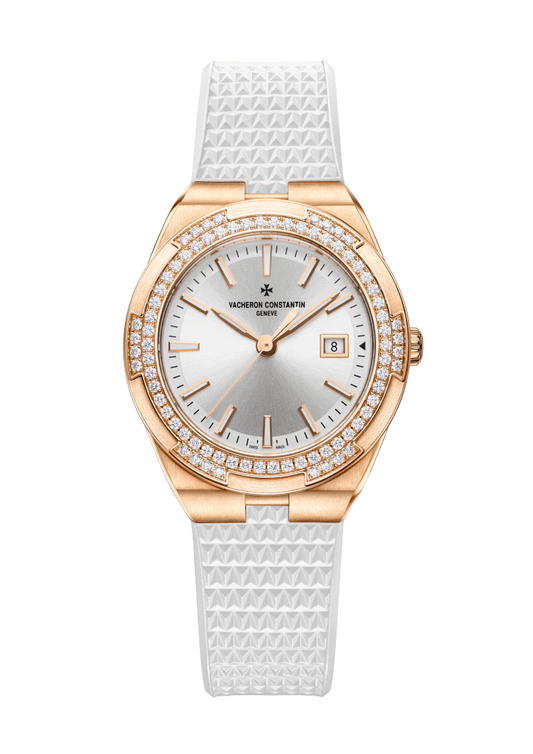 Vacheron Constantin Overseas Quartz Pink Gold 33 MM - White Rubber Strap - Diamond Bezel - Silver Dial - 1205V/000R-B592