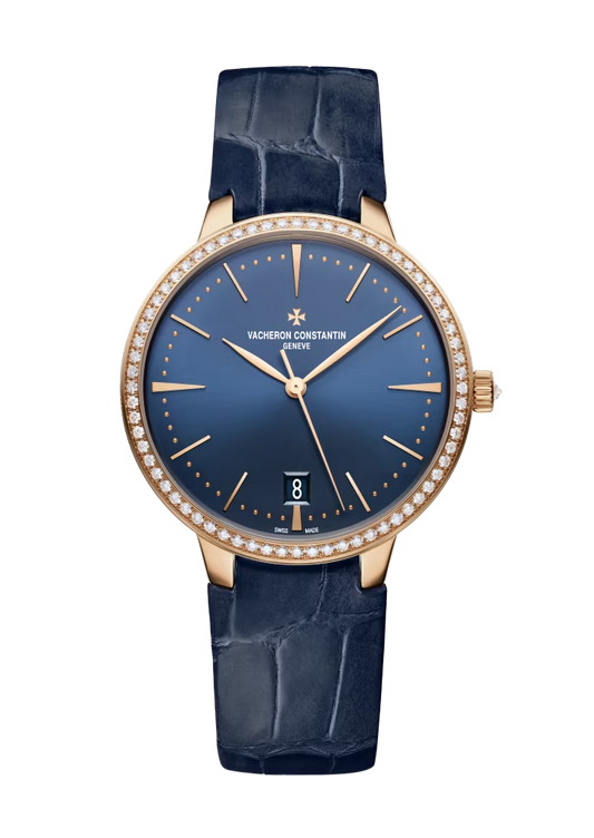 Vacheron Constantin Patrimony Pink Gold 36.5 MM - Blue Leather Strap - Diamond Bezel - Blue Dial - 85515/000R-B644