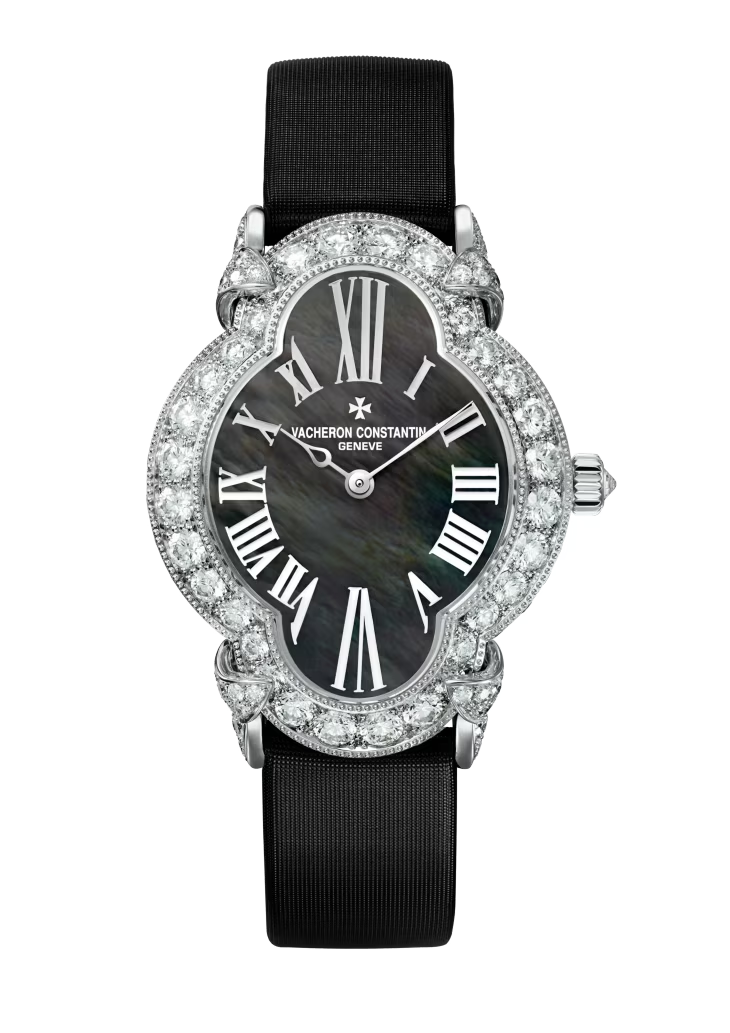 Vacheron Constantin Heure Romantique White Gold 36.2 x 26.5 MM - Black Satin and Leather Strap - Diamond Bezel - Black Mother-of-Pearl Dial - 37640/000G-B659