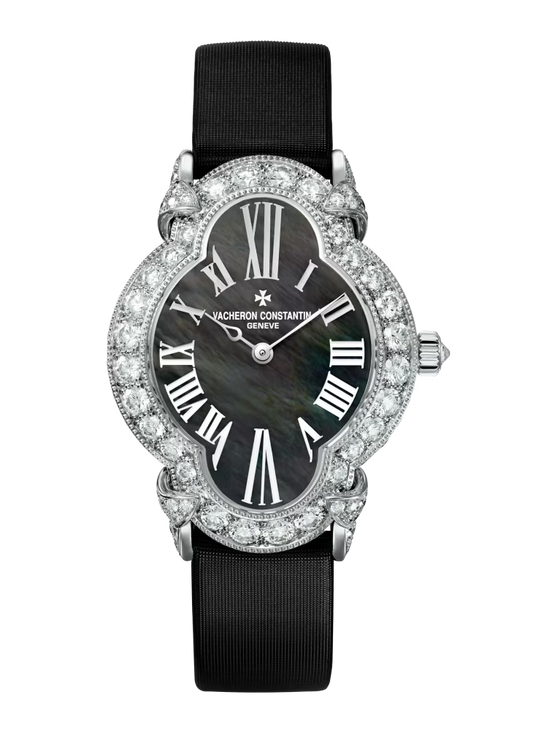 Vacheron Constantin Heure Romantique White Gold 36.2 x 26.5 MM - Black Satin and Leather Strap - Diamond Bezel - Black Mother-of-Pearl Dial - 37640/000G-B659