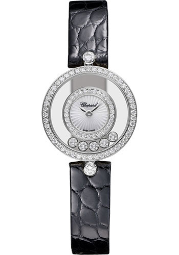 Chopard Happy Diamonds White Gold 25.8 MM - Black Leather Strap - Diamond Bezel - Mother-Of-Pearl Dial - 203957-1214