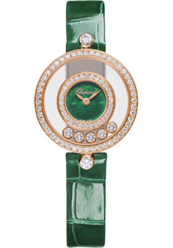 Chopard Happy Diamonds Rose Gold 25.8 MM - Green Leather Strap - Diamond Bezel - Green Diamond Dial - 203957-5209