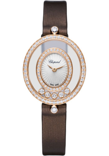 Chopard Happy Diamonds Rose Gold 25.8 MM - Brown Leather Strap - Diamond Bezel - Mother-Of-Pearl Dial - 204292-5301