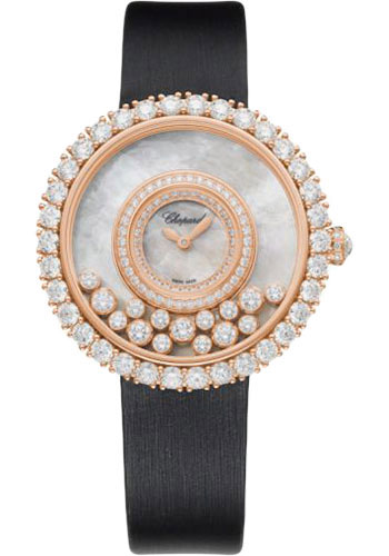 Chopard Happy Diamonds Rose Gold 37.70 MM - Black Leather Strap - Diamond Bezel - Mother-Of-Pearl Dial - 204445-5001