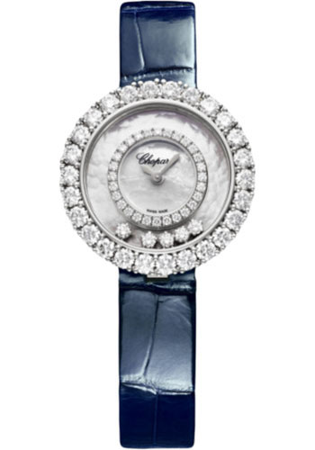 Chopard Happy Diamonds White Gold 28.60 MM - Blue Leather Strap - Diamond Bezel - Mother-Of-Pearl Dial - 205369-1001