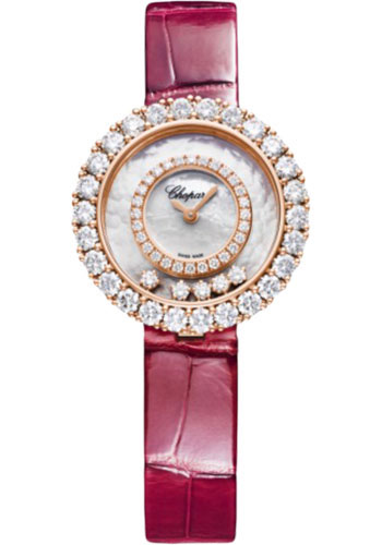 Chopard Happy Diamonds Rose Gold 28.60 MM - Red Strap - Diamond Bezel - Mother-Of-Pearl Dial - 205369-5001