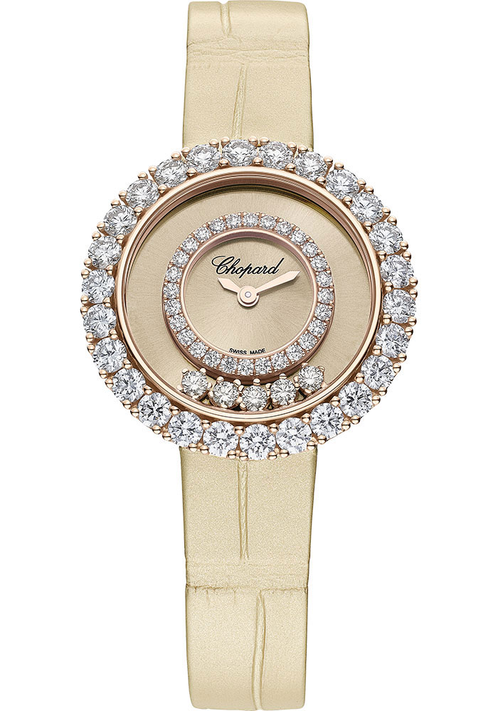 Chopard Happy Diamonds Rose Gold 29 MM - Beige Strap - Diamond Bezel - Gold-Toned Dial - 205369-5001