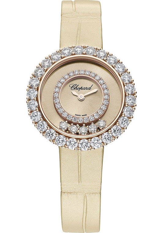 Chopard Happy Diamonds Rose Gold 29 MM - Beige Strap - Diamond Bezel - Gold-Toned Dial - 205369-5001