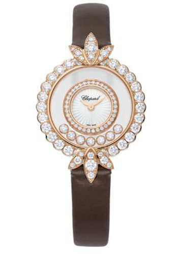 Chopard Happy Diamonds Rose Gold 29.35 MM - Brown Leather Strap - Diamond Bezel - Mother-Of-Pearl Dial -  209424-5004