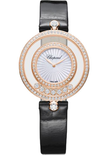 Chopard Happy Diamonds Rose Gold 32 MM - Black Strap - Diamond Bezel - Mother-Of-Pearl Dial - 209426-5201