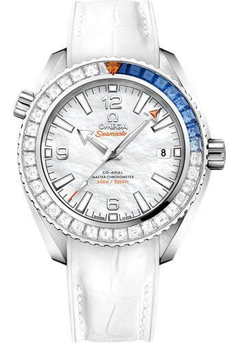 Omega Seamaster Planet Ocean White Gold 39.5 MM - White Leather Strap - Diamond Bezel - White Mother-Of-Pearl Dial - 215.58.40.20.05.001