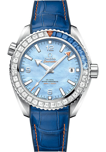 Omega Seamaster Planet Ocean White Gold 43.5 MM - Blue Leather Strap - Diamond Bezel - Blued Mother-Of-Pearl Dial - 215.58.44.21.07.001