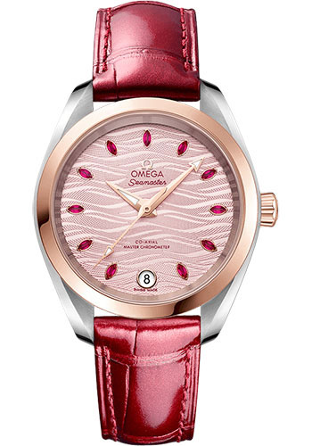 Omega Seamaster Stainless Steel and Rose Gold 34 MM - Red Leather Strap - Pale Pink Wave-Embossed Diamond Dial - 220.23.34.20.60.001
