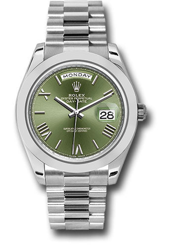 Rolex Presidential Platinum Day-Date 40MM - President Bracelet Watch - Smooth Bezel - Olive Green Bevelled Roman Dial - 228206 ogrp