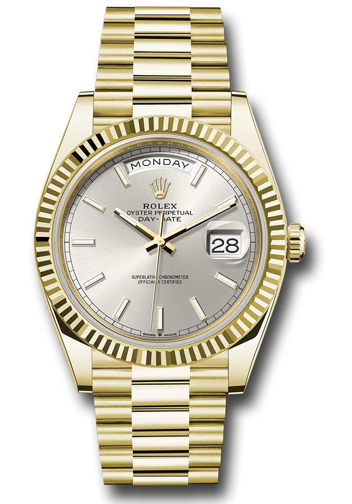 Rolex Presidential Yellow Gold Day-Date 40MM - President Bracelet - Fluted Bezel - Silver Index Dial - 228238 sip