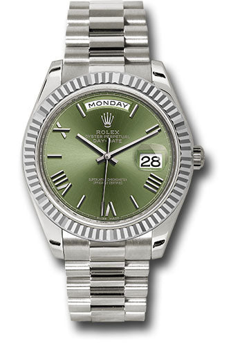 Rolex Presidential White Gold Day-Date 40MM - President Bracelet Watch - Olive Green Bevelled Roman Dial - 228239 ogrp