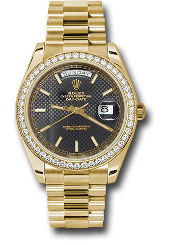 Rolex Yellow Gold Day-Date 40 MM - President Bracelet - Diamond Bezel - Black Index Dial - 228348RBR bkdmip