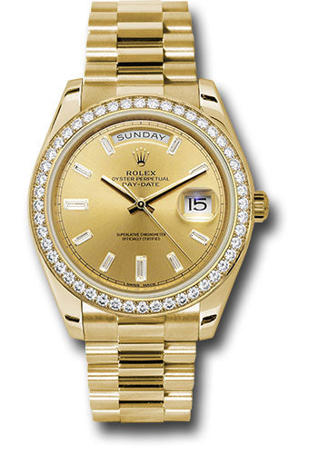 Rolex Yellow Gold Day-Date 40 MM - President Bracelet Watch - Diamond Bezel - Champagne Baguette Diamond Dial - 228348RBR chbdp