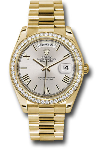 Rolex Yellow Gold Day-Date 40 MM - President Bracelet - Diamond Bezel -  Silver Bevelled Roman Dial - 228348RBR sdrp