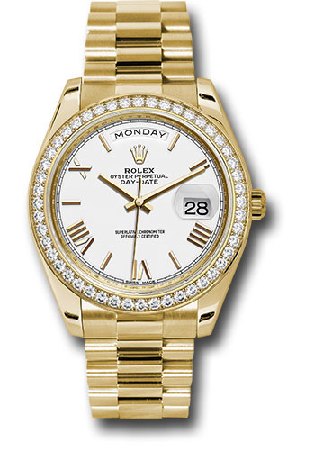 Rolex Yellow Gold Day-Date 40 MM - President Bracelet - Diamond Bezel - White Bevelled Roman Dial - 228348RBR wrp