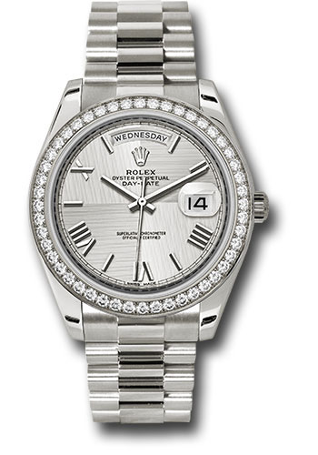 Rolex Presidential White Gold Day-Date 40MM - President Bracelet - Diamond Bezel - Silver Quadrant Motif Bevelled Roman Dial - 228349RBR sqmrp