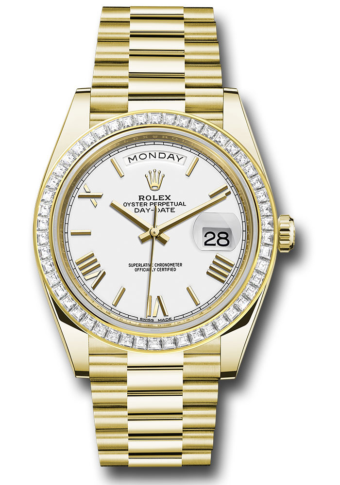 Rolex Presidential Yellow Gold Day-Date 40MM - President Bracelet - Diamond Bezel - White Bevelled Roman Dial - 228398TBR wrp