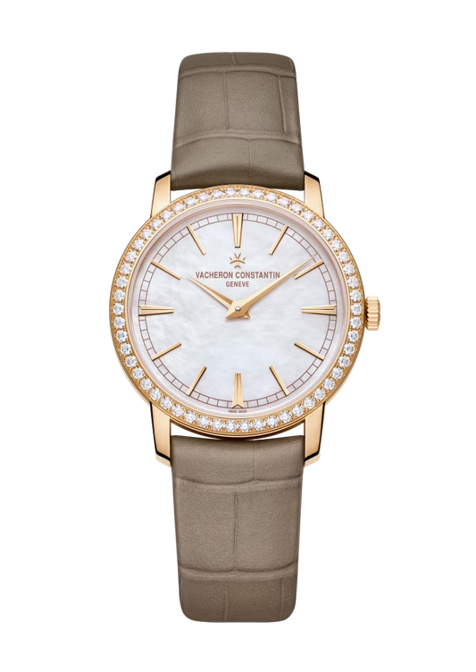 Vacheron Constantin Traditionnelle Pink Gold 33 MM - Brown Leather Strap - Diamond Bezel - White Mother-of-Pearl Dial - 1405T/000R-B636