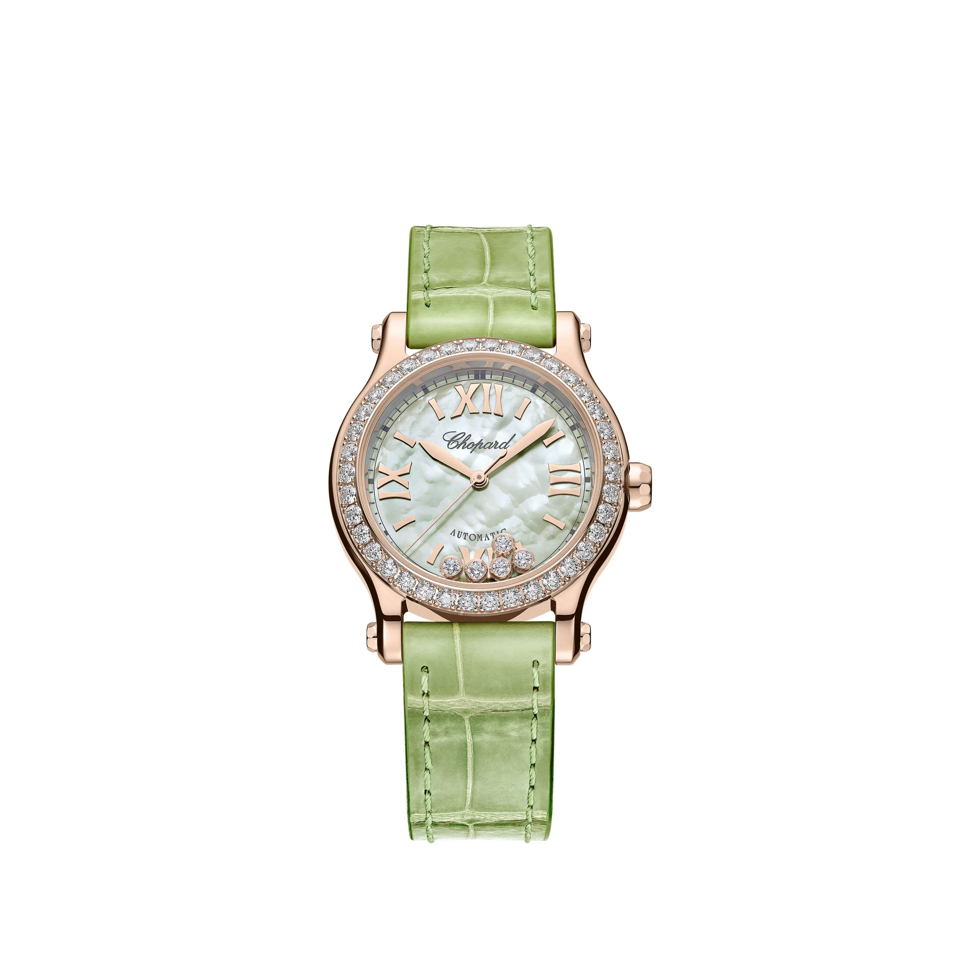 Chopard Happy Sport Rose Gold 30 MM - Green Alligator Strap - Diamond Bezel - White Diamond Dial - 274893-5016