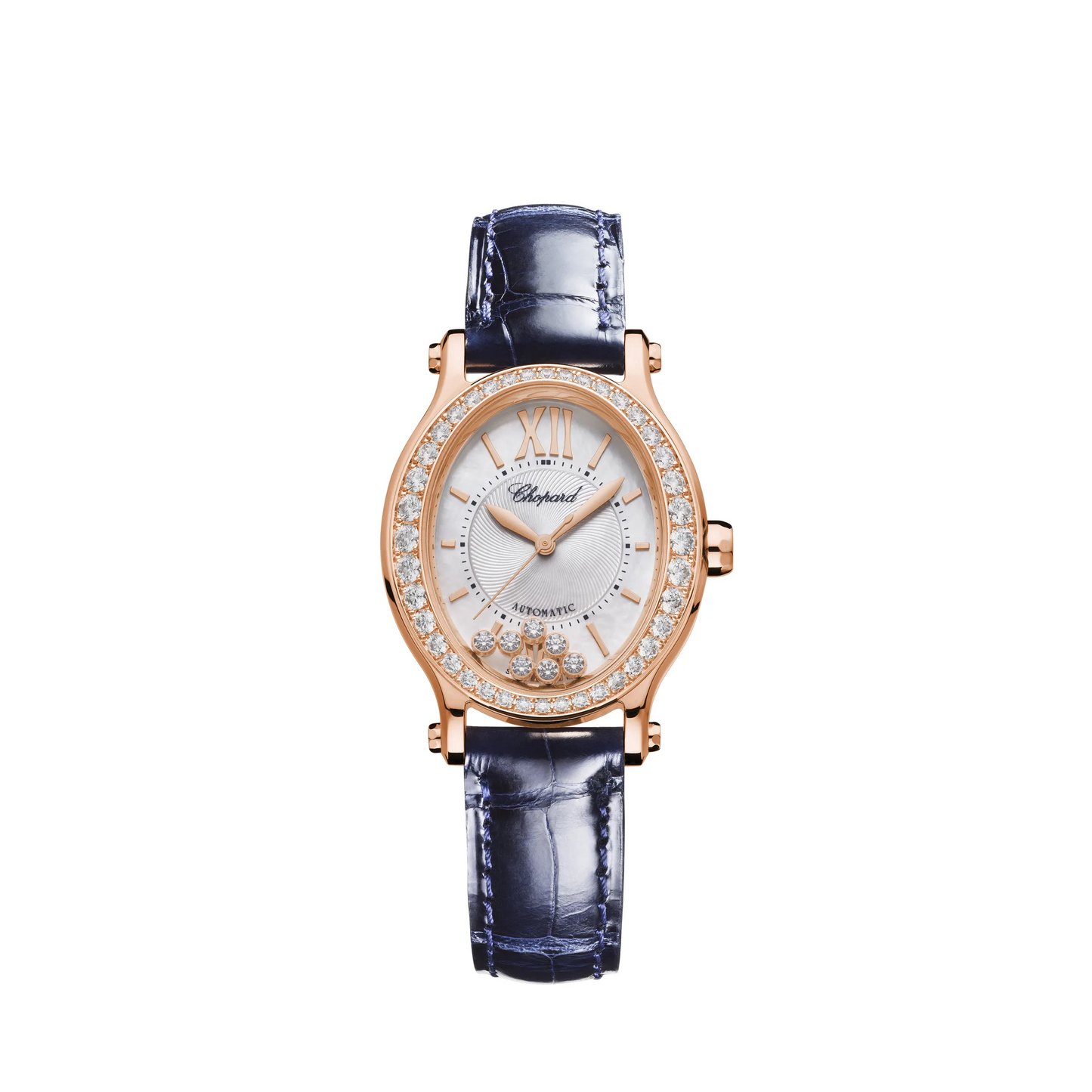 Chopard Happy Sport Rose Gold 29 x 31 MM - Blue Alligator Strap - Diamond Bezel - White Diamond Dial - 275362-5002