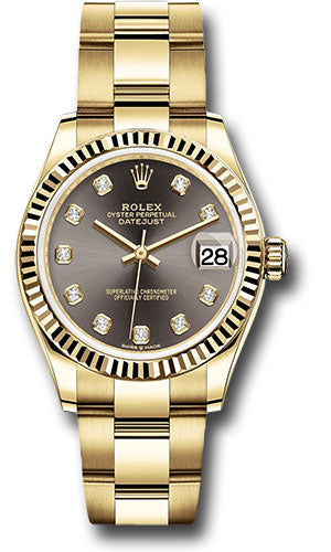 Rolex Yellow Gold Datejust - 31 MM - Oyster Bracelet - Fluted Bezel - Dark Grey Diamond Dial - 278278 dkgdo