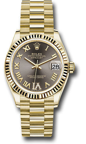 Rolex Yellow Gold Datejust - 31 MM - President Bracelet - Fluted Bezel - Dark Grey Diamond Six Dial - 278278 dkgdr6p