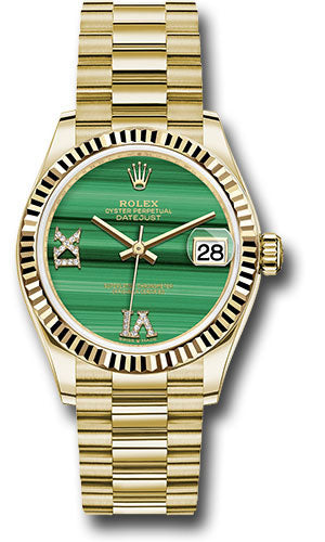 Rolex Yellow Gold Datejust - 31 MM - President Bracelet - Fluted Bezel - Malachite Diamond Six and Nine Dial - 278278 madr69p